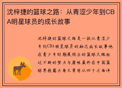 沈梓捷的篮球之路：从青涩少年到CBA明星球员的成长故事